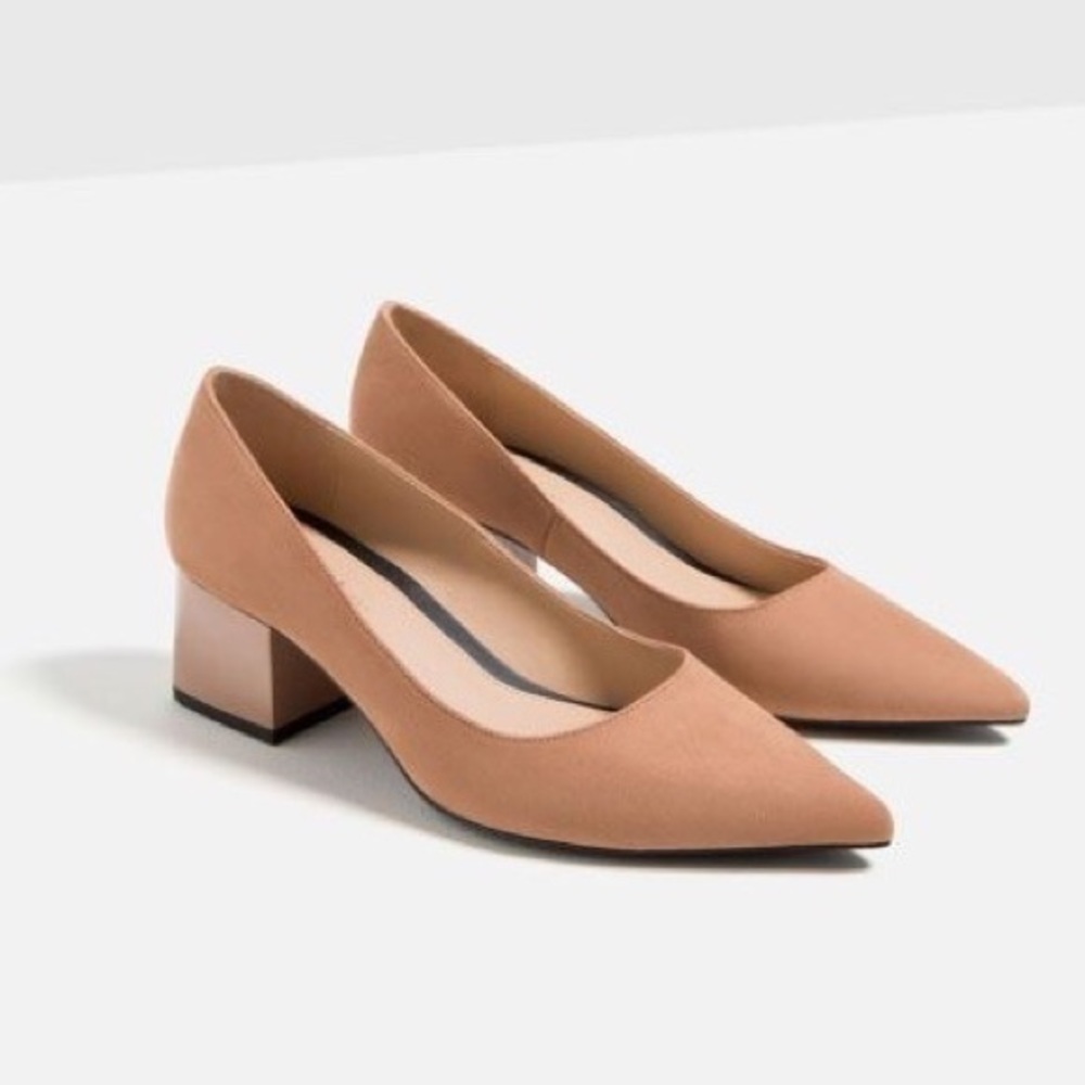 Zara Nude Pointed Toe Block Heels, size 7.5